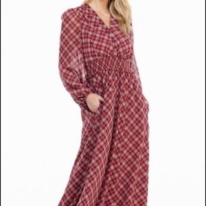 Long sleeve, ankle length plaid dress.